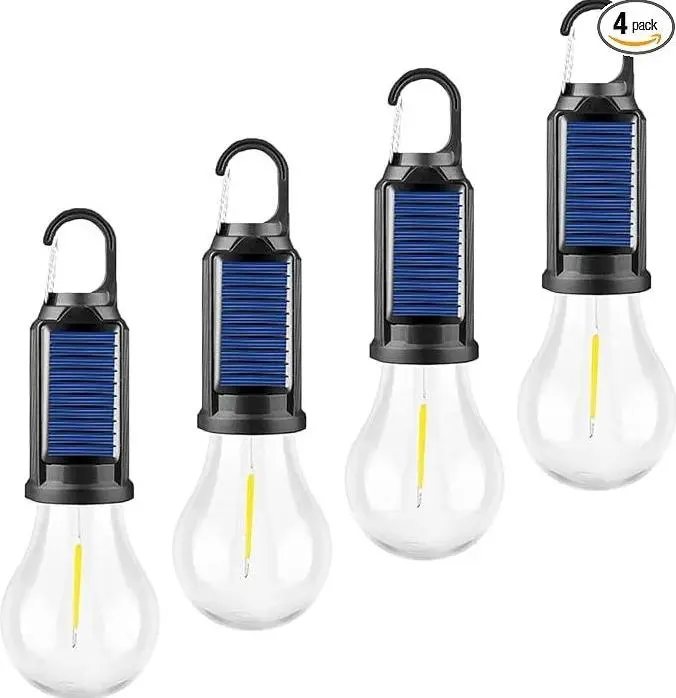 4 Pack Solar Powered Rechargeable LED Hanging Bulb Lamp, Retro Warm Filament Light with Hook, Waterproof Outdoor Tent Light for Camping, Blackout Emergency, Closet & Patio Lighting