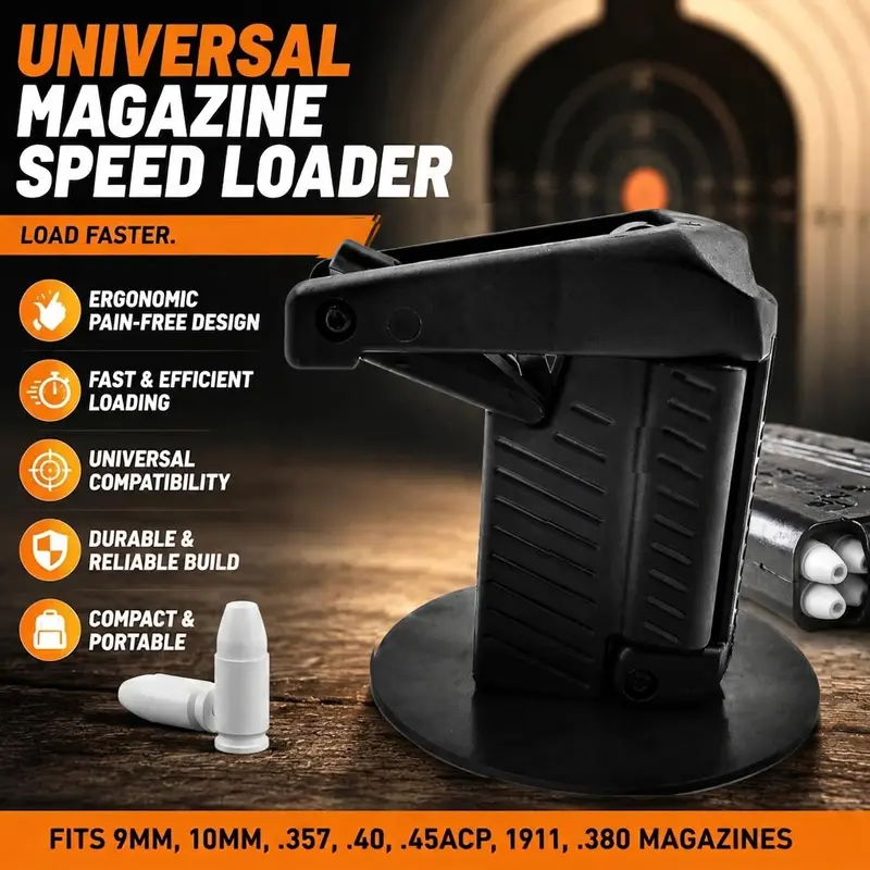 Universal Single-Hand Magazine Loader, Ergonomic Pistol Loading Tool, Fits 9mm 357sig 10mm .40 .45 Acp, Compact Pocket Size, Thumb Pain Relief