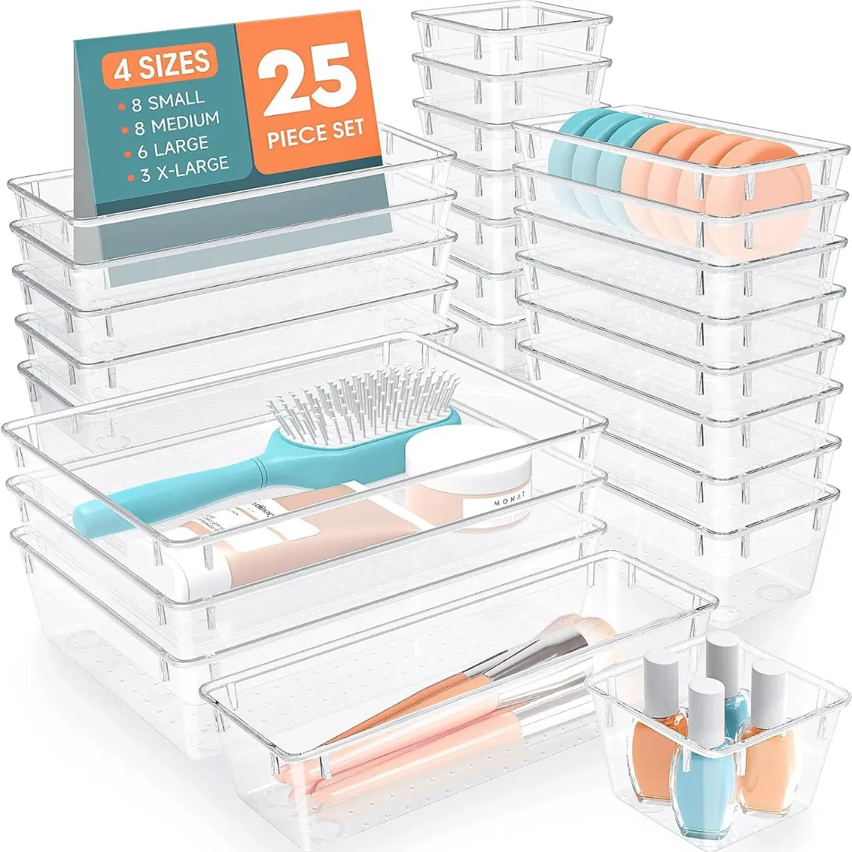 25 PCS Plastic Drawer Organizer Set, 4-Size Versatile Organizer Trays & storage Bins for Makeup, Jewelry, and Gadgets in Bathroom, Bedroom and Office, White