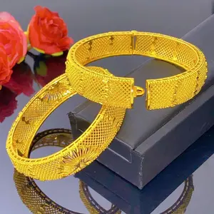 2pcs 24K plated bracelet bangles Brides Shiny Gold Color NO-Fading Wedding Bridal matching charm Glamorous Shimmer Glitter for women Design Elegant