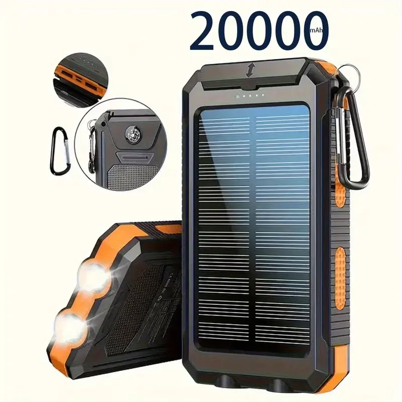 10000/20000mAh portable solar power bank, dual 5V USB output ports, includes LED flashlight and compass, suitable for phones, mobile devices, travel, and camping—an external backup battery pack, an ideal holiday gift