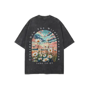 100% Cotton Wildflower Print T-Shirt Suitable for Casual Attire, Short Sleeve Round Neck Casual Tee with Wildflower, Machine Washable Comfortable Gift for,, Outdoor Activities & Holiday Apparel, for Teenager