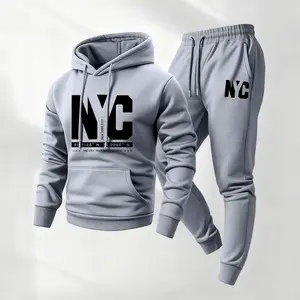 Men's Nyc Printed Hoodie and Drawstring Sweatpants Set, Menswear, Casual Athletic Long Sleeve Hooded Jacket & Trousers for Fall & Winter, Men's Clothing for Daily Wear, Sportswear Indoor Outdoor, Tracksuit, Athleisure Summer Clothes