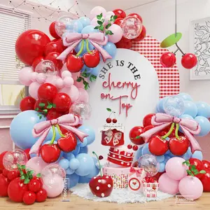 Cherry Balloon Garland Arch Kit, Blue Pink Red Balloons with Pink Bow Red Cherry Foil Balloons for Birthday Party She's The Cherry On Top Baby Shower Wedding Galentine's Bridal Party Decorations