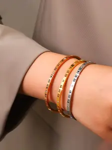 1 piece of 4mm stainless steel Roman numeral hollow inlaid sparkling rhinestone bracelet, Elegant Bangle, waterproof jewelry, suitable as a fashionable jewelry gift for family, mother, and friends