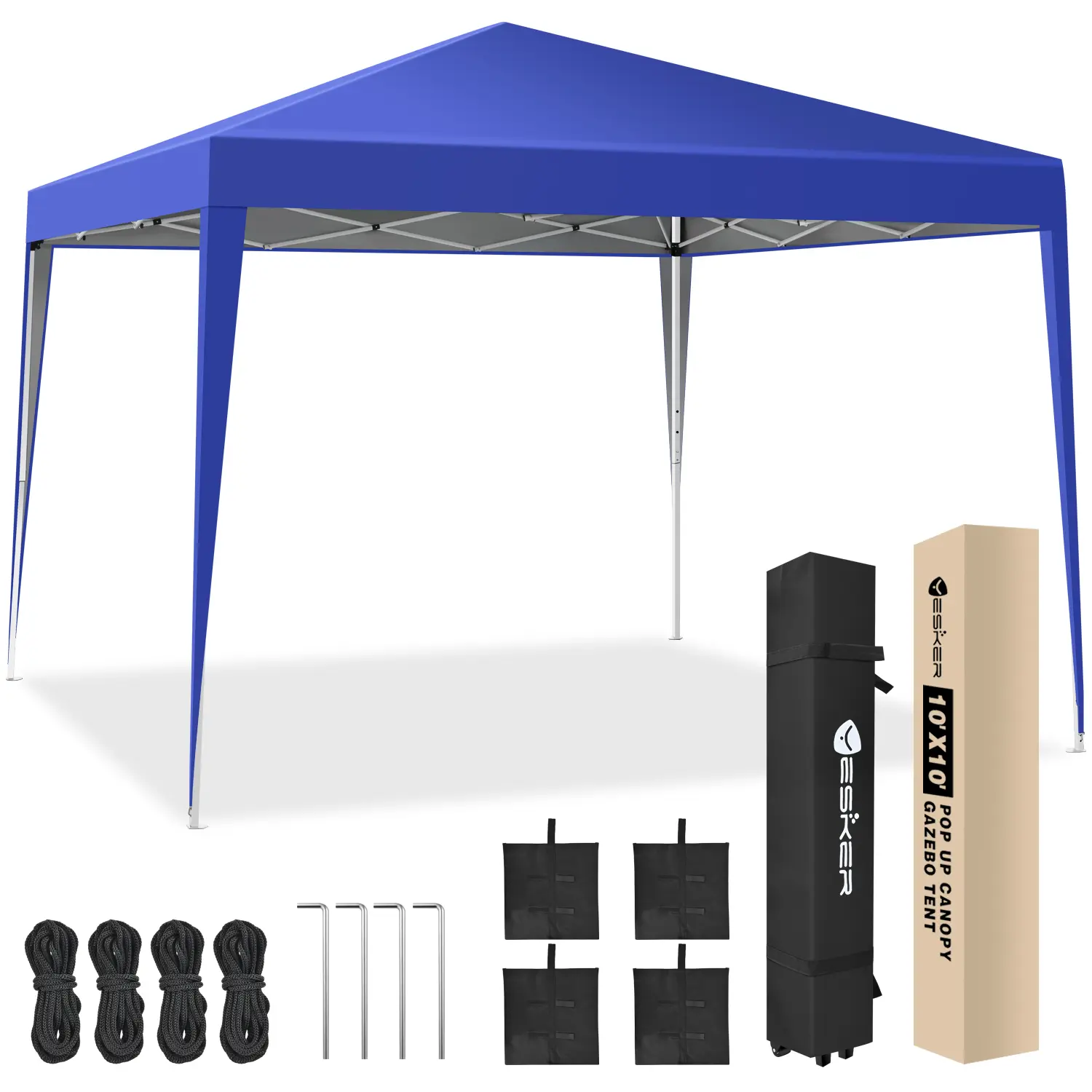 Yesker 10x10 Square Portable Pop Up Canopy Tent - Waterproof Instant Outdoor Party Shelter, Sturdy Steel Frame, UPF 50+ Sun Protection, Windproof, Toolless Setup, Wheels, 4x Empty Sandbags, Blue, Outdoors, 4X Ropes