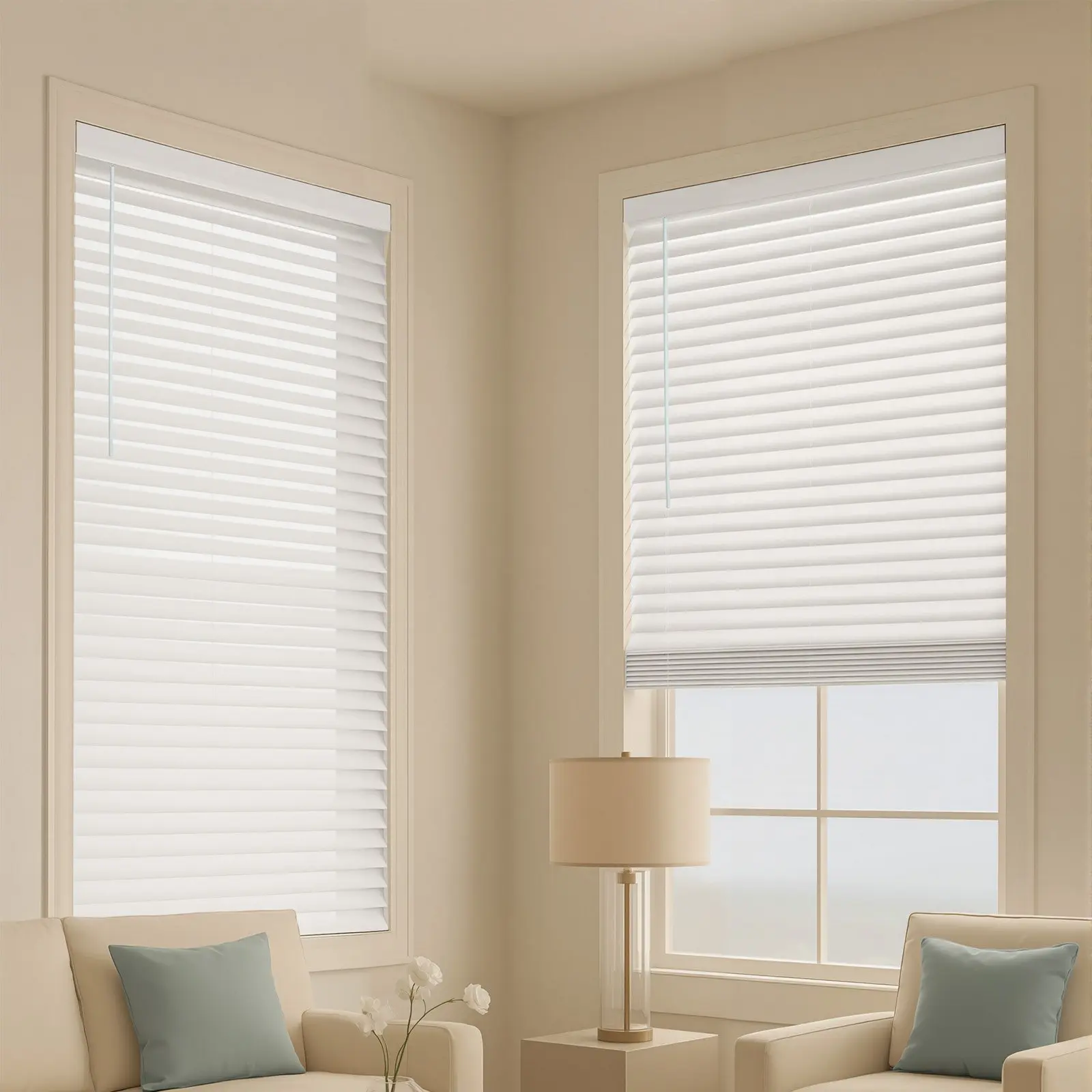 VEVOR 2-Slat Cordless PVC Faux Wood Blinds, 34.5Wx60H in, Waterproof with Decorative Board, Easy to Clean, Light Adjustment, Room Darkening for Modern Home Interior, Bathroom, Kitchen Windows, White