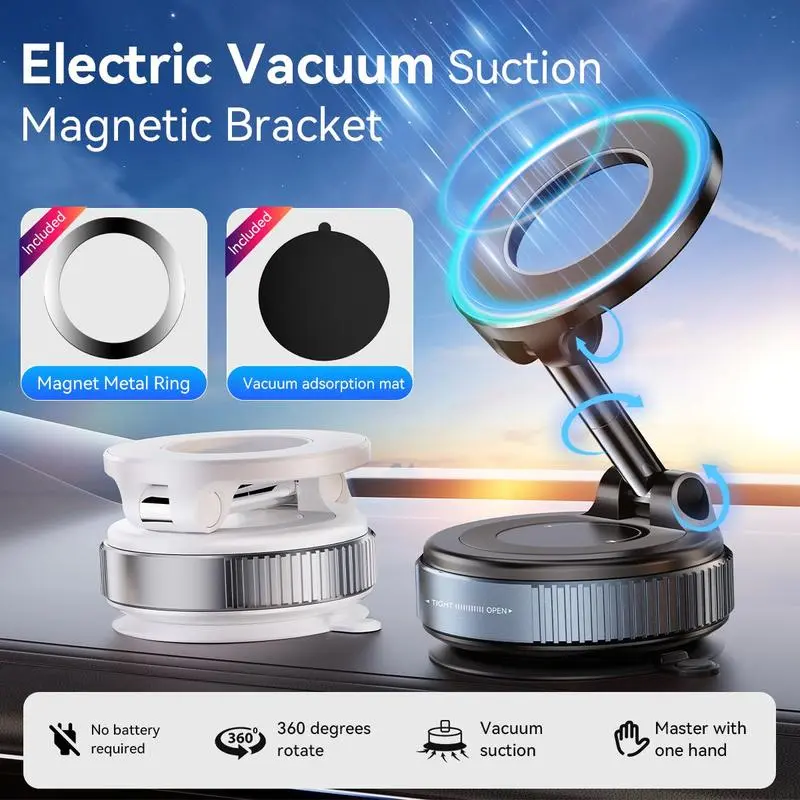 2-Way 360-Degree Adjustable Magnetic Holder, Reusable Vacuum Suction Cup Mount for MagSafe iPhones & Android Devices with Metal Ring, Universal Car/Desk Stand