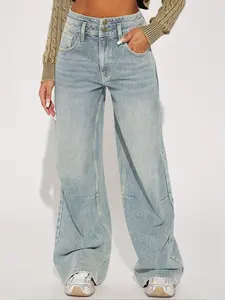 Women's Casual Elegant Blue Denim Straight Leg Jeans Pants, Washed Button Detail Long Non-Elastic Fabric, Perfect for Daily Style