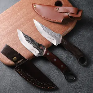 Multi-functional ancient-style forged double-edged knife set, solid wood handle ring-finger camping knife, equipped with an embossed cowhide sheath, suitable for home cooking, fishing, camping, and gift giving.