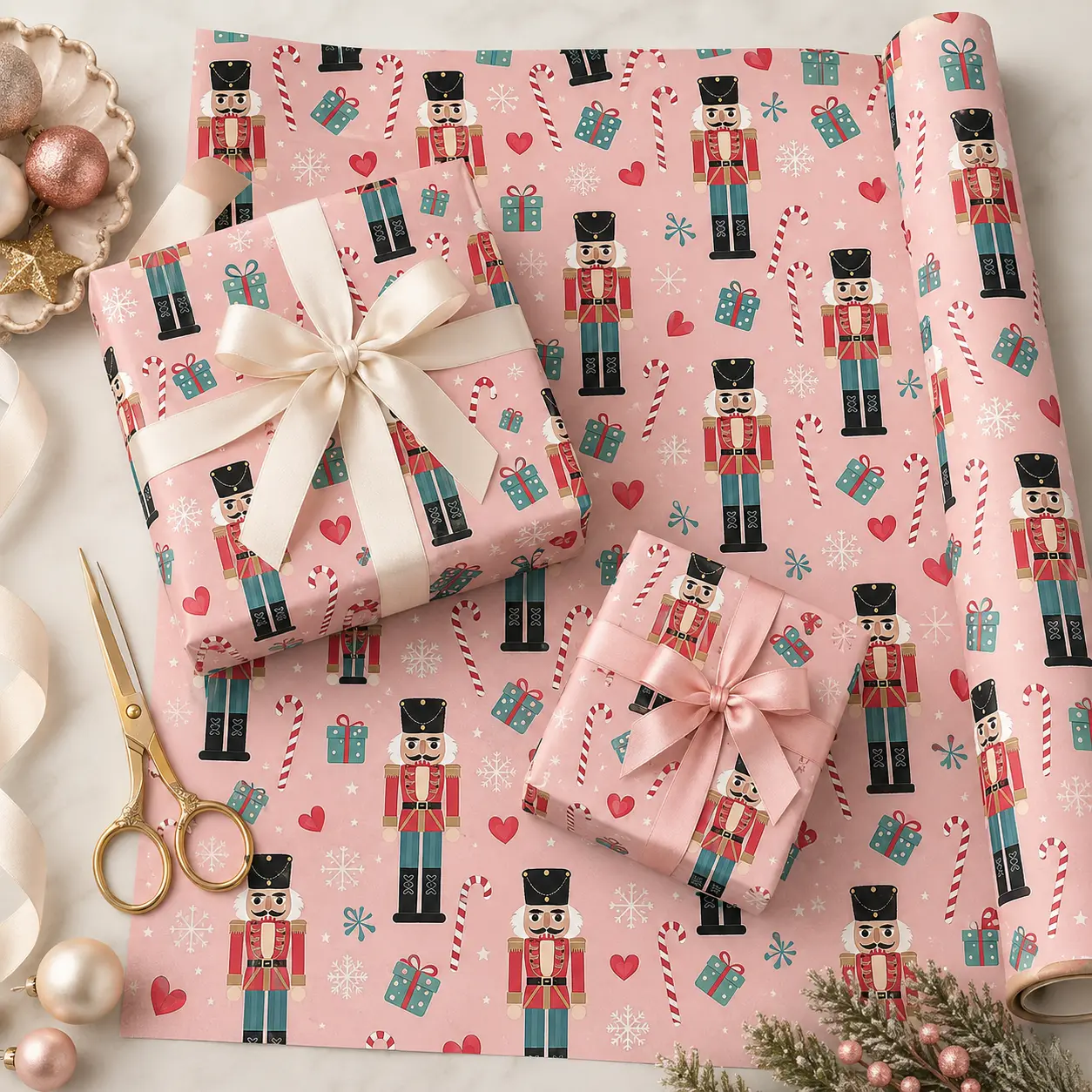 Pink Nutcracker Sweet Christmas Gift Wrapping Paper Sheet - Cute Coquette Soldier Candy Cane Wrap for Holiday Birthday