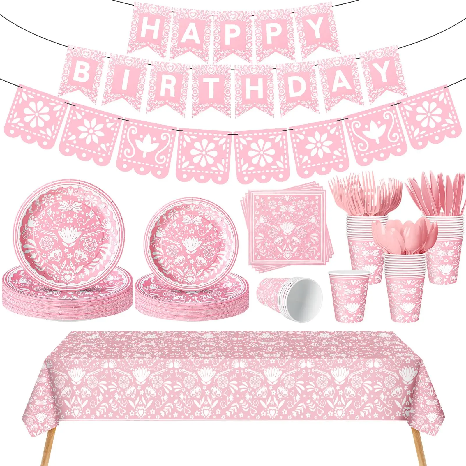 144 Pcs Mexican Birthday Party Supplies Otomi Floral Fiesta Tableware Set with Plates Napkins Cups Banner Tablecloth Cutlery for Cinco de Mayo Taco Tuesday, Serves 20