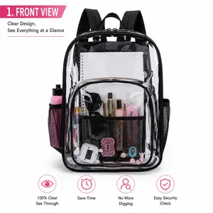 Clear School Backpack for Girls Boys, Transparent PVC Bookbag with Organizer Pocket, Side Bottle Holders for College, Classroom, Work & Events