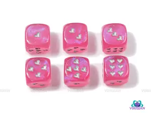 Borealis Pink & Silver  | Set of (6) 16mm Heart Pipped D6s  | Chessex
