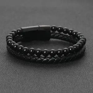 Black Leather Bracelet with 6mm Black Onyx Beads