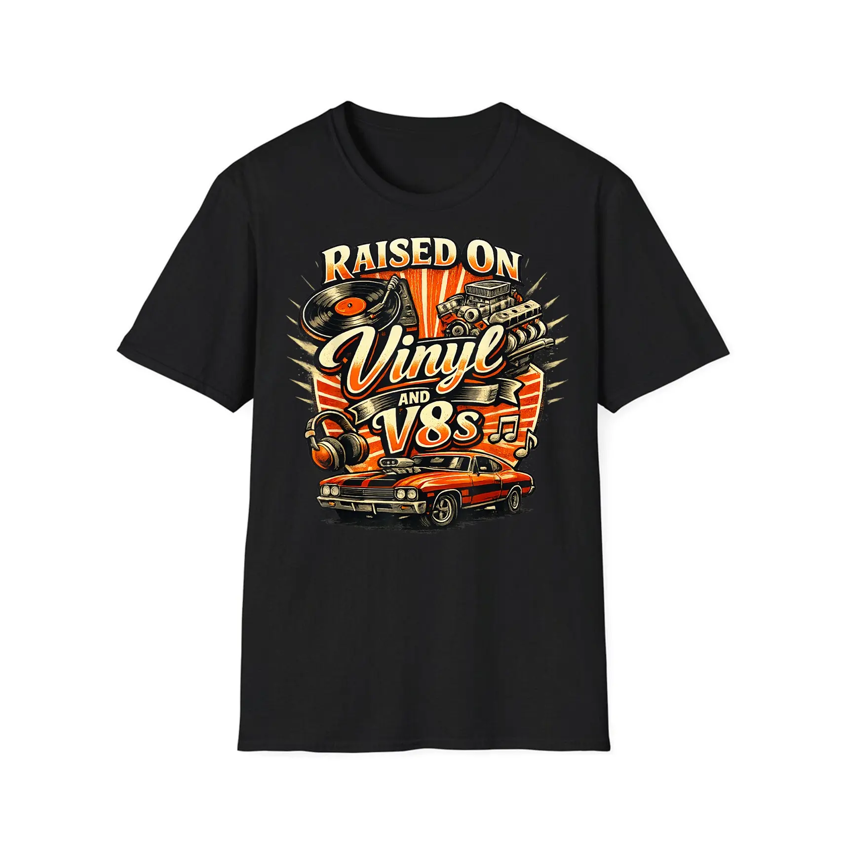 Vintage Raised On Vinyl and V8s Retro Car Music Culture T-Shirt