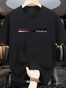 Men's Fashion California Style Geometric Print Round Neck T-Shirt, Breathable Soft Material, Casual Outdoor Wear, Slim-Fitting Long Tee