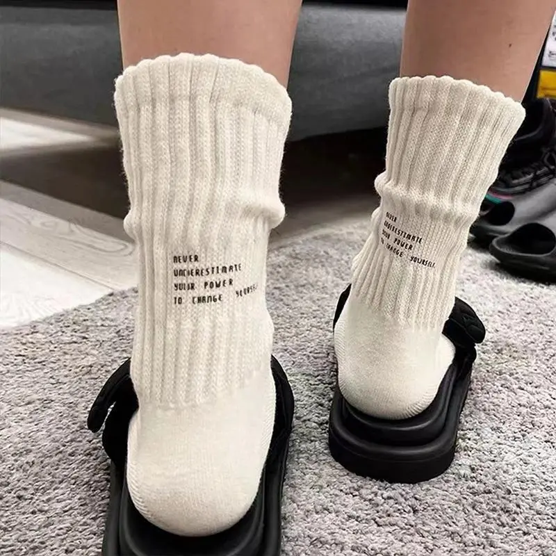 Men's Vintage Male Letter Medium Tube Socks Japanese Solid Thickened Sports Socks Towel Bottom Couple Knitted Socks