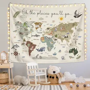 Boho Kids World Map Tapestry Wall Hanging, Animal Continents Wildlife Educational Geography Learning Wall Blanket Decor for Classroom Toddler Kids Room Nursery Playroom, 50x60 Inch