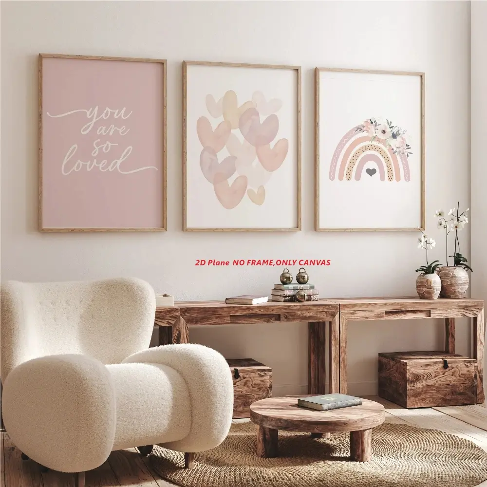 3-Piece Set, Decorative Artwork, Rainbow Heart Pattern Nursery Decor, Pink Color Scheme, Wall Art, Aesthetic Wall Decor, Sage Green Poster, Moon and Rainbow Theme, 2D Frameless Canvas