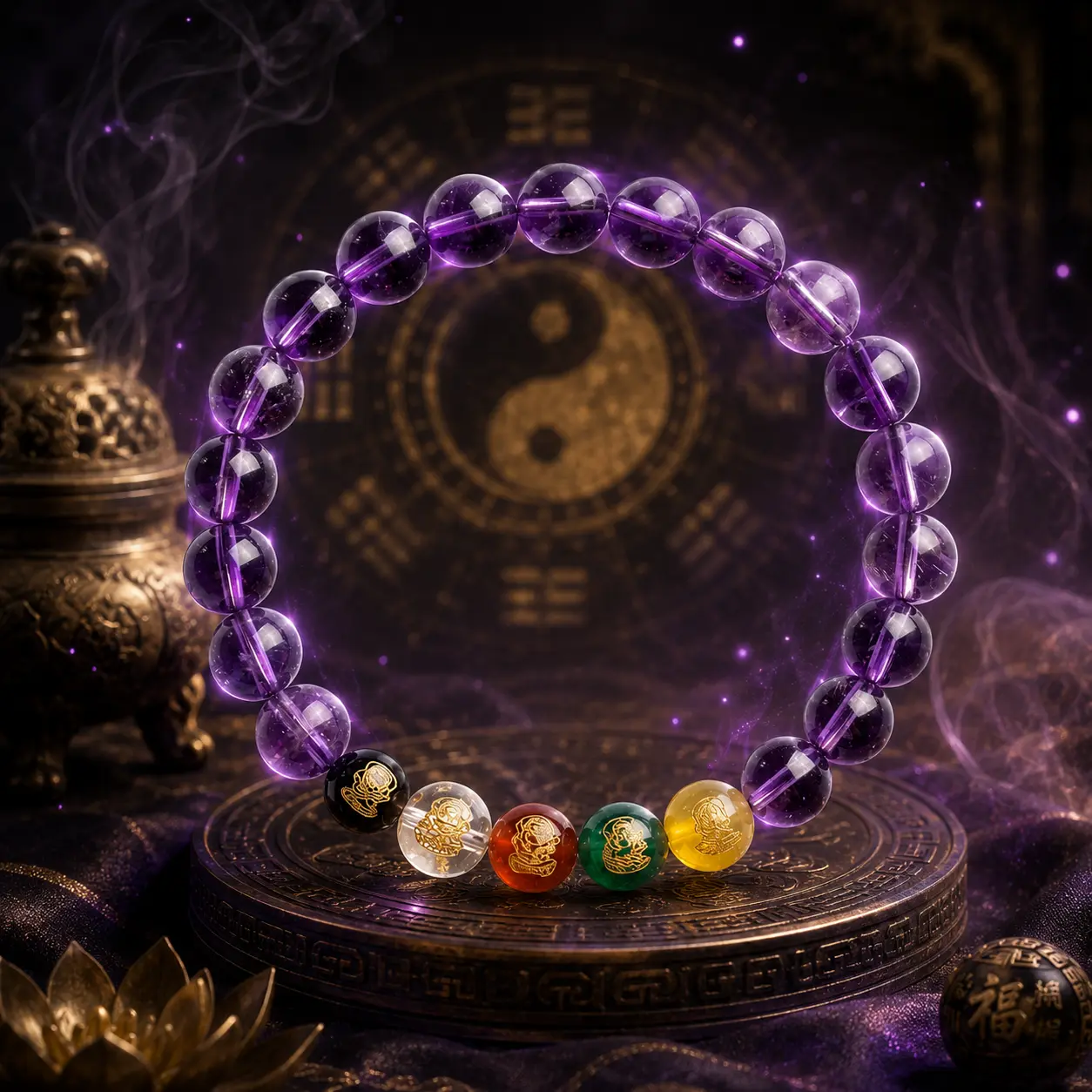 5 Wealth Deities Glass Bead Bracelet - Feng Shui Purple Unisex Casual Daily Costume Jewelry, Eastern-Inspired Mystical Golden Detailing 5 Deity Beads Prosperity Luck Spiritual Energy Harmony Protection Amulet Accessory, Durable Glass Beads