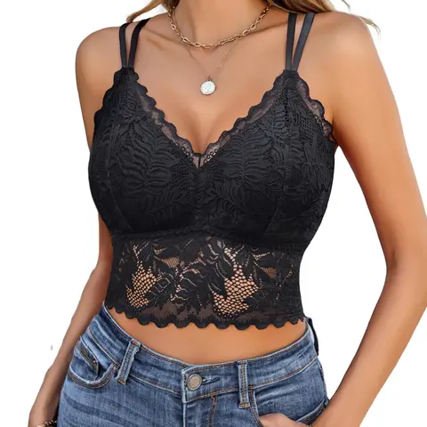 Avidlove Lace Bralette for Women V Neck Camisoles Racerback Adjustable Hot Strap Crop Tops in Blue Nylon Spandex Breathable Minimalist Basic