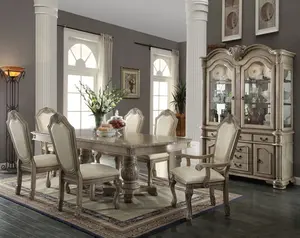 Acme 64065A-67-68 7 pc Astora grand chateau de ville antique white finish wood double pedestal dining table set