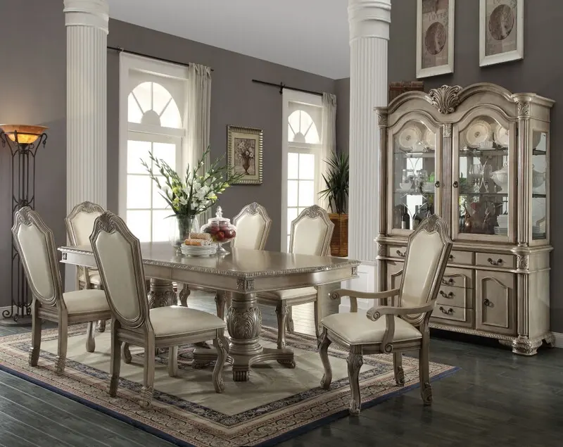 Acme 64065A-67-68 7-Pc Antique White Wood Double Pedestal Dining Table Set - Indoor Dining Room Furniture with Table, 2 Arm Chairs, 45" H Chair Backs, Assembly Required, Antique White Finish