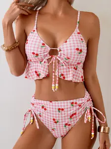 Women's Fashion Bikini Set, Plaid Cherry Print, Strappy Hollow Out Swimsuit, Wooden Trim Two-Piece Vacation Style, Tie Back Bikini