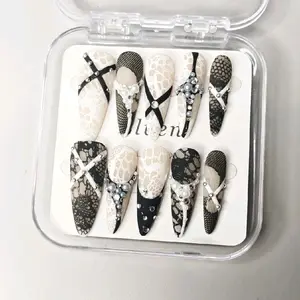 Black and White Lace Handmade Press-On Nails, Gothic Style Stiletto Shape