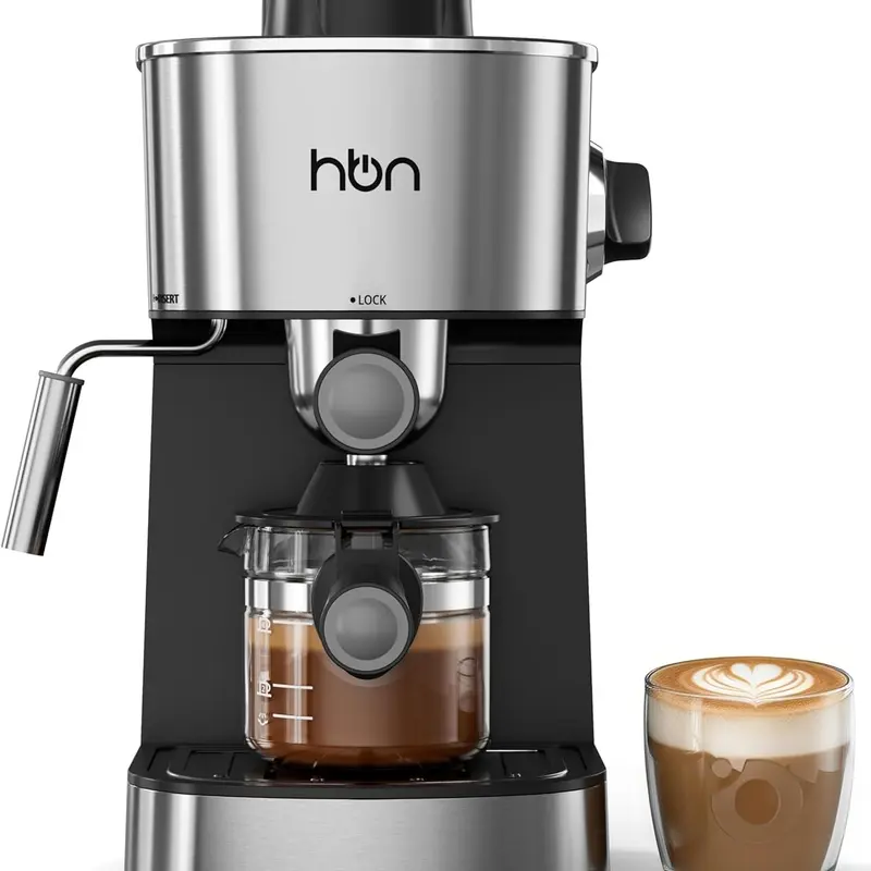 HBN 3.5Bar Espresso Coffee Maker Machine - 800W Power Stainless Steel Kitchen Appliance with Milk Frother, Steam Wand, 40s Milk Froth, 2-4 Cup Servings for Cappuccino, Latte Home Use