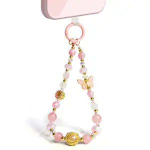 Casing Bee Gemstone Blossom Phone Chain, Golden Gem & Pink Butterfly Phone Charm