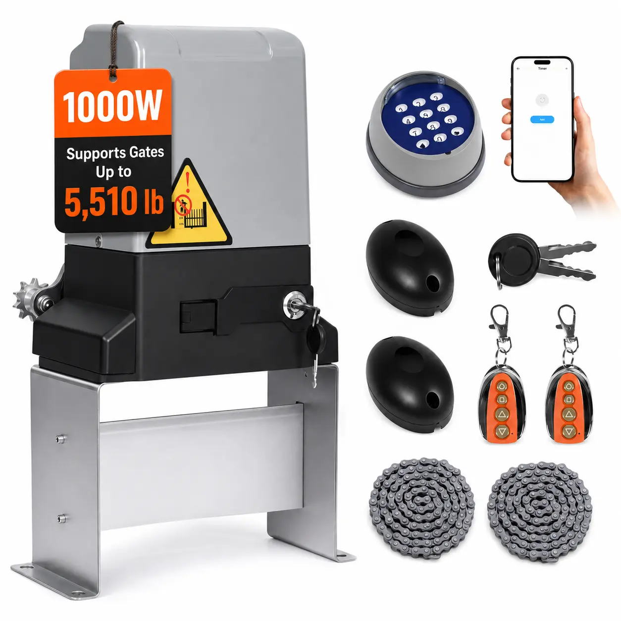 Exquimac Automatic Sliding Gate Opener with App Control, 1000W Electric Gate Motor for Gates Up to 5510 lbs, 2 Remotes, 20ft Roller Chain, Auto-Close, Obstruction Detection, Infrared Safety