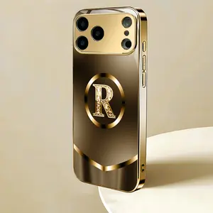 Beautiful High-End Elegant Letter R Pattern Electroplated Gold New Phone Case Suitable for iPhone 17/17 Pro/17 Air/17 Pro Max/16/16 Pro/16 Plus/16 Pro Max/15/15 Pro/15 Pro Max/14/14 Pro/14 Plus/14 Pro Max/13/13 Pro/13 Pro Max/13 Mini/12/11/XR/XS/X Tempere