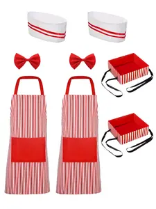 1950s Waiter Costume Kit Soda Jerk Outfit Red White Striped Apron Chef Hat Bow Tie Snack Tray for Halloween Waitress Cosplay