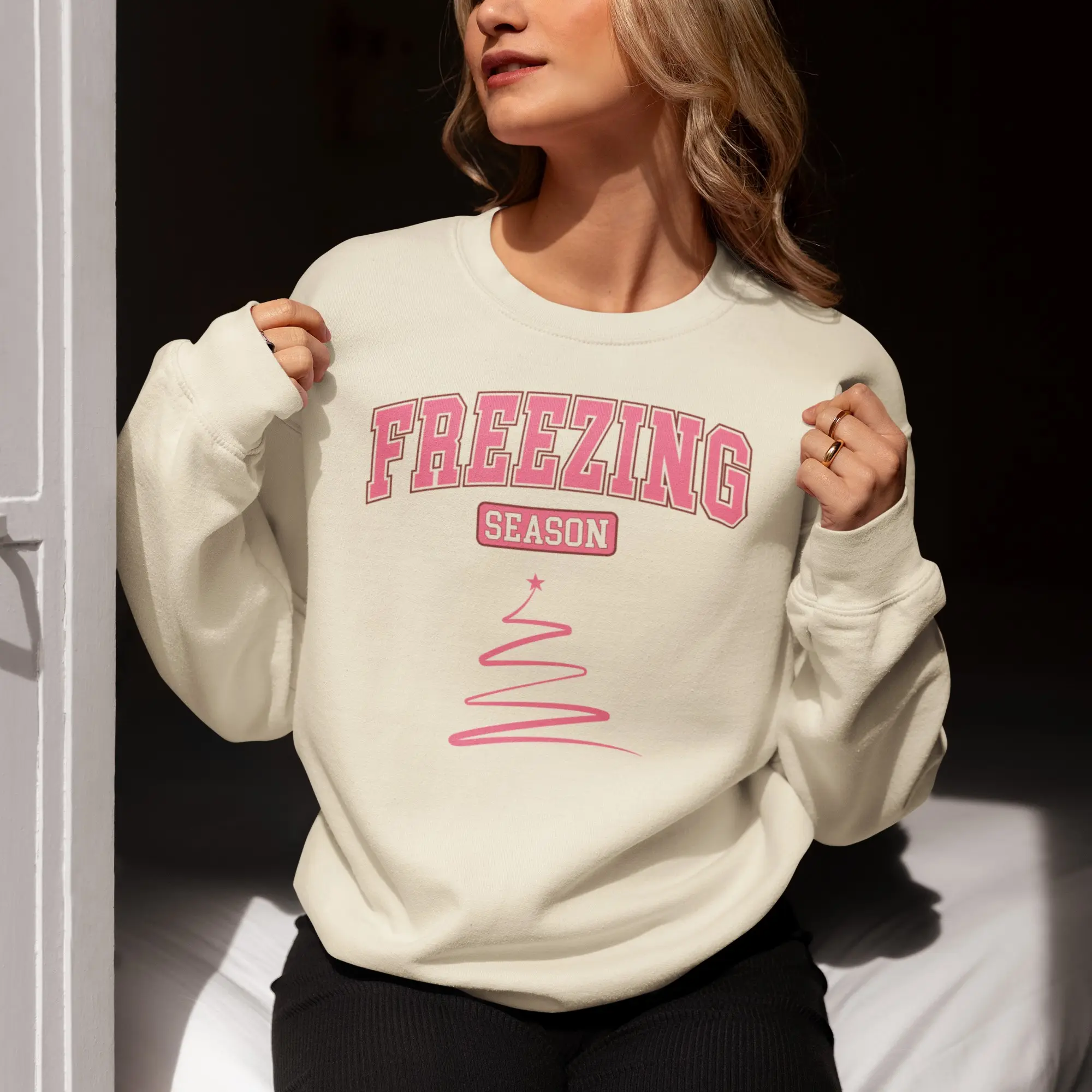 GILDAN Freezing Season Pink Christmas Tree Sweater, Unisex Holiday Crewneck Jumper, Christmas Tree Sweater, Xmas College Font Clothing, Festive Tops