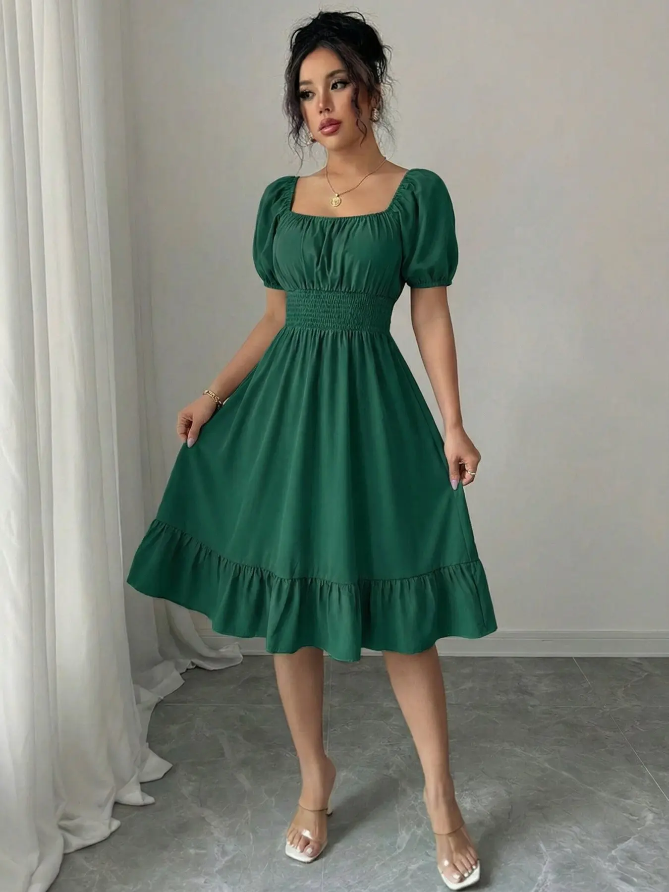 mid length casual summer dresses INSPIRE CHIC Women's Floral Casual Summer Ruffle Sleeve V Neck Beach Boho A Line Midi Dresses Medium Green