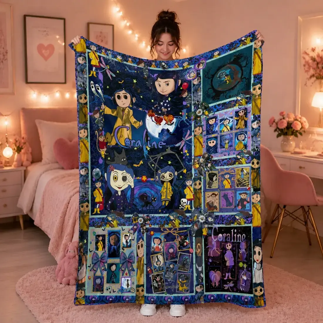Coraline Patchwork Flannel Throw Blanket, Dark Fantasy Ghost Mom Cartoon Collage Print Blanket, Ultra Soft Warm Cozy Cover for Sofa Movie Nights, Perfect Birthday Halloween Gift For Horror & Dark Fantasy Fans Cozy Bedding Throw Goth Room Style