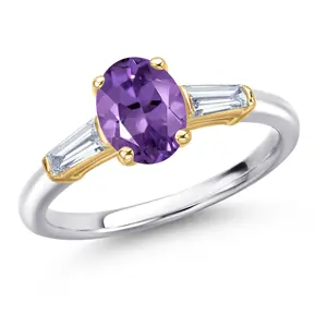 Gem Stone King 10K Two-Tone Gold Gemstone Birthstone and Lab Grown Diamond Engagement Ring for Women | Oval 8X6MM and Tapered Baguette 5X2.25MM | Wedding Anniversary Promise Ring | Sizes 5, 6, 7, 8, 9