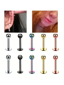 10pcs of Stainless Steel Round Flat-Bottom Piercing Lip Studs, Earrings, And Cartilage Studs, Piercings Jewelry, with Lengths of 8Mm And 10Mm, Suitable for Daily Wear by Both Women And Men.