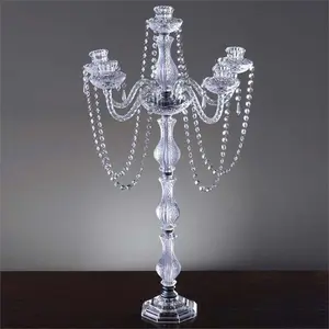 4-Arm Crystal Chandelier Candelabra 35" Silver - Metal Taper Candlestick Holder Table Centerpiece for Events