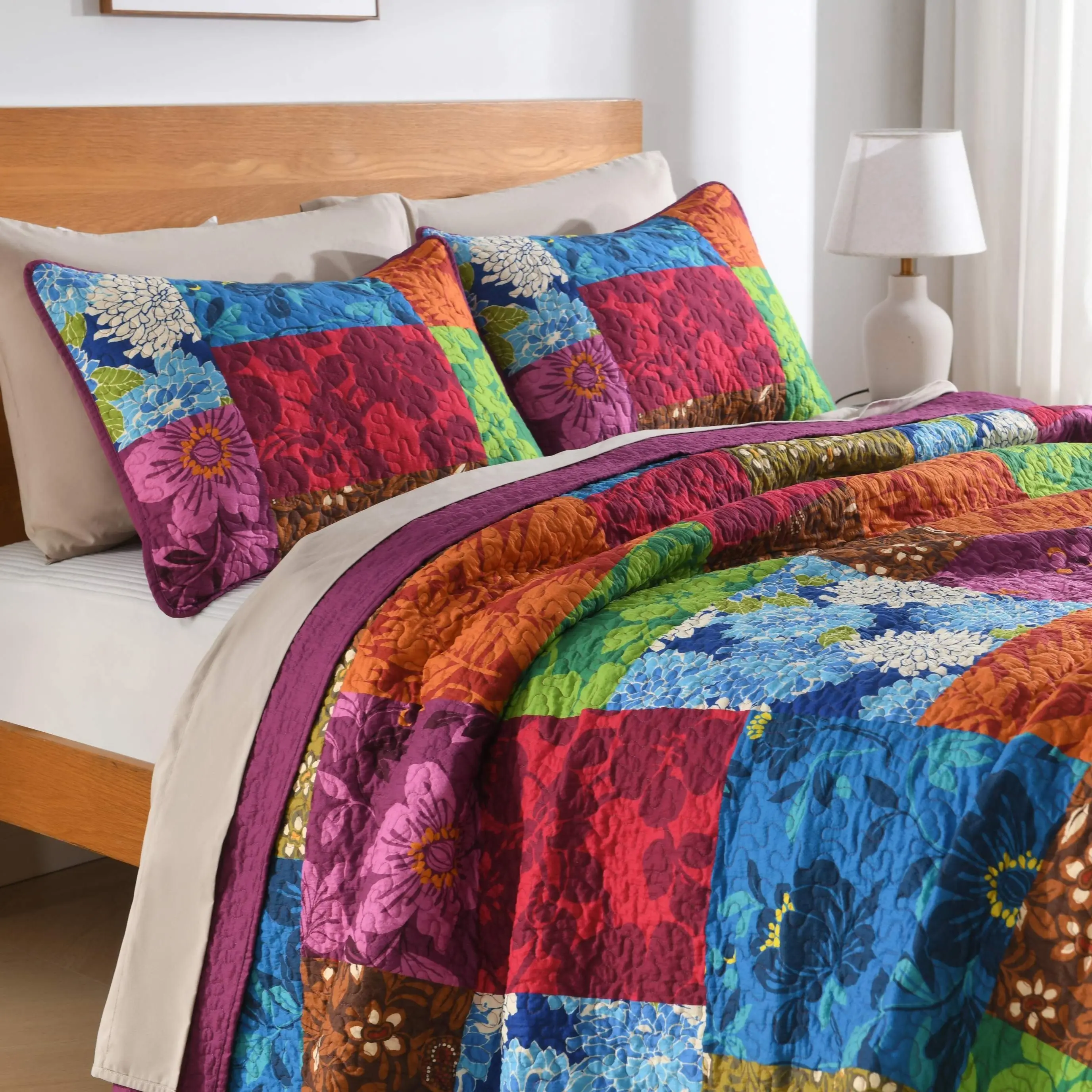 Seersucker Quilt Set - 100% Cotton Red Patchwork,Reversible Patchwork Quilt Set, Soft Lightweight Bedspread Coverlet