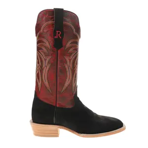R. Watson Boots Mens Roughout Wide Embroidered Square Toe  Casual Boots Mid Calf - Black, Red