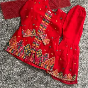 Sharara Girls Gharara Suit - Red Fabric with Colorful Embroidery, Long Sleeves, and Button Front, Suitable for Various Occasions