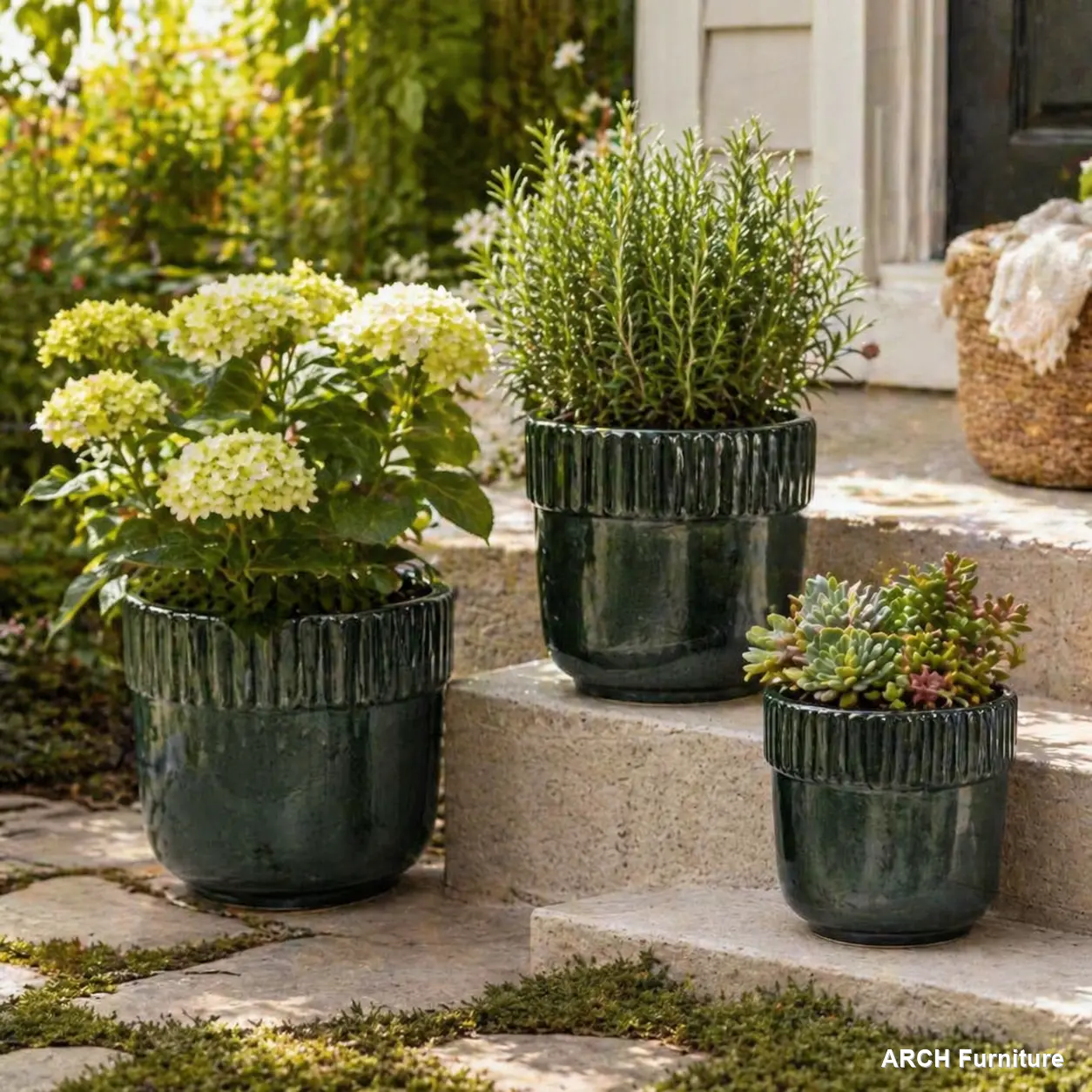 Handcrafted ARCH Ceramic Planter Set of 3 (15/14/9 in Diameter) - Black Ribbed Glazed Above-Ground Balcony Decorative Flower Pots, Breathable Clay 14-inch Pots for Succulents, Minimalist Bedroom Decor, 14-Inch Flower Pots