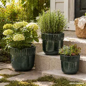 Handcrafted ARCH Ceramic Planter Set of 3 (15/14/9 in Diameter) - Black Ribbed Glazed Above-Ground Balcony Decorative Flower Pots, Breathable Clay 14-inch Pots for Succulents, Minimalist Bedroom Decor, 14-Inch Flower Pots