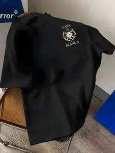 Iconic Casa Blanca Letter Artistic Geometric Floral Print, Tennis Element Details, Casual Round Neck T-Shirt, Summer Fashion Short Sleeve Top