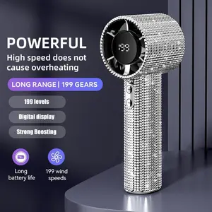 S5 Full Diamond Luxury Portable Handheld Turbo Fan 3 Gear Wind Rechargeable Battery Digital Display for Outdoor Travel Office Women's Gift