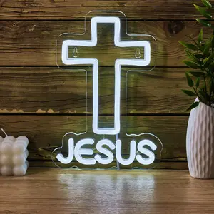 USB Powered Cross & Jesus Letter Neon Sign, LED Neon Light, Neon Accent Lights, Decorative Neon Sign Light for Home Party & Festival, Room Decor, Table Night Light, Home Decoration Lamp