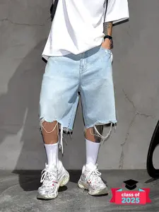 Men's Regular Fit Solid Color Ripped Denim Shorts, Casual Comfy Fashion Shorts for Summer, Men's Bottoms for Daily Wear, Cotton, Clothes, Ripped Design Shorts, Ripped Hem Shorts, Distressed ShortsGift